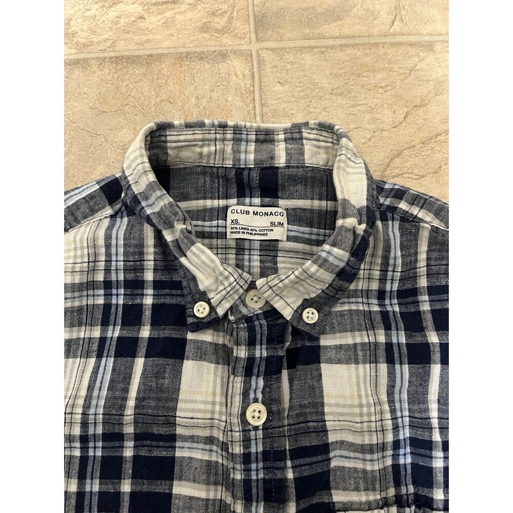 Club Monaco Men Long Sleeve Shirt Linen Slim Fit Button Up Grey Plaid Size Xs